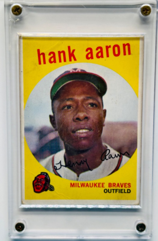 Photo 3 of 698947…1959 Hank Aaron card 380  in hard plastic case - shows swear from age