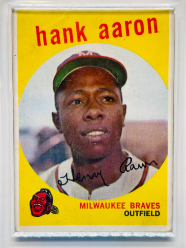 Photo 10 of 698947…1959 Hank Aaron card 380  in hard plastic case - shows swear from age