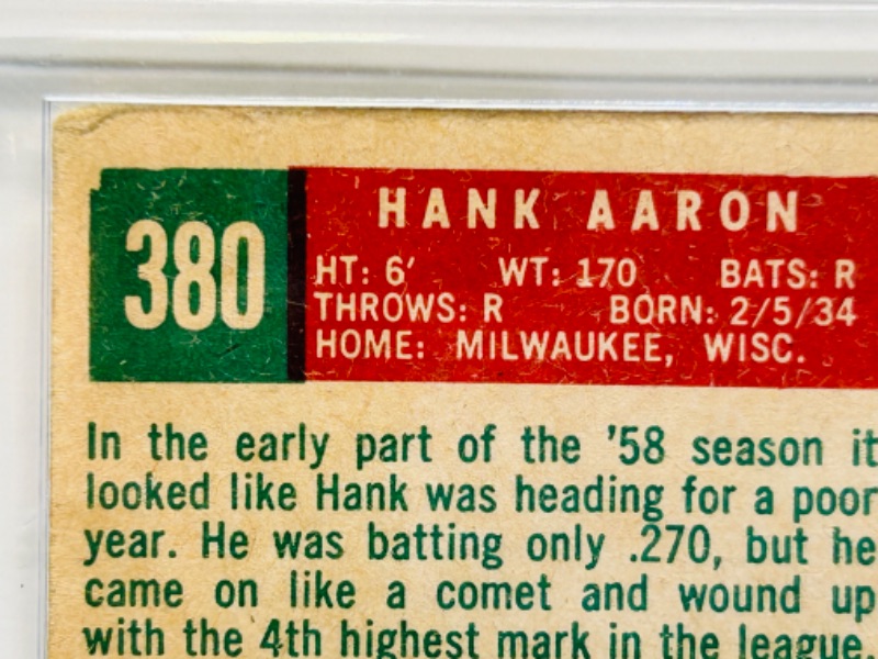 Photo 11 of 698947…1959 Hank Aaron card 380  in hard plastic case - shows swear from age