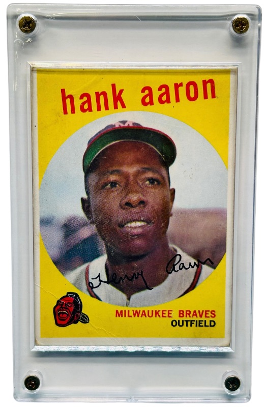 Photo 6 of 698947…1959 Hank Aaron card 380  in hard plastic case - shows swear from age