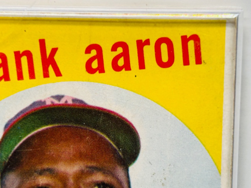 Photo 13 of 698947…1959 Hank Aaron card 380  in hard plastic case - shows swear from age