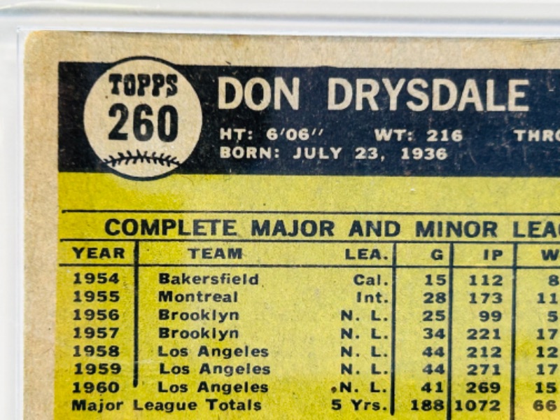 Photo 7 of 698948…1961 Don Drysdale card 260  in hard plastic case -wear from age