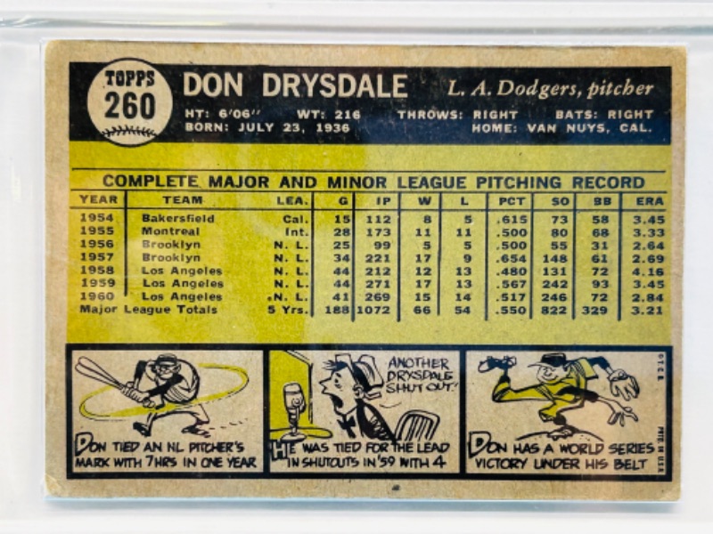 Photo 6 of 698948…1961 Don Drysdale card 260  in hard plastic case -wear from age