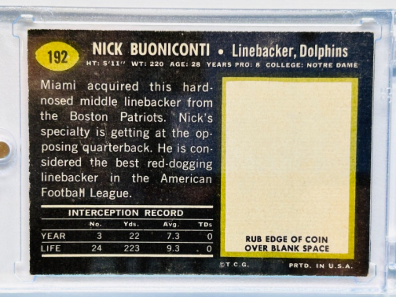 Photo 2 of 698956…1969 Nick Buoniconti card 192  in hard plastic case 