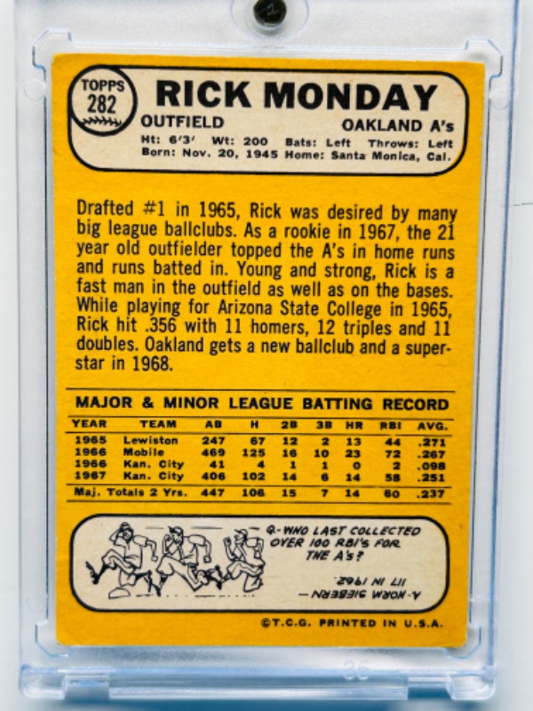 Photo 2 of 699001…1968 Rick Monday card 282  in  hard plastic case