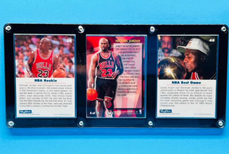 Photo 3 of 699018…3 Michael Jordan trading cards (including a Rookie) in display case 