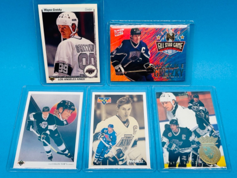 Photo 1 of 699020…5 collectible Wayne Gretzky trading cards in hard plastic sleeves 