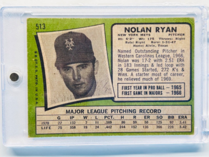 Photo 3 of 699031…RARE -1971 Topps Nolan Ryan card 513 in hard plastic case 