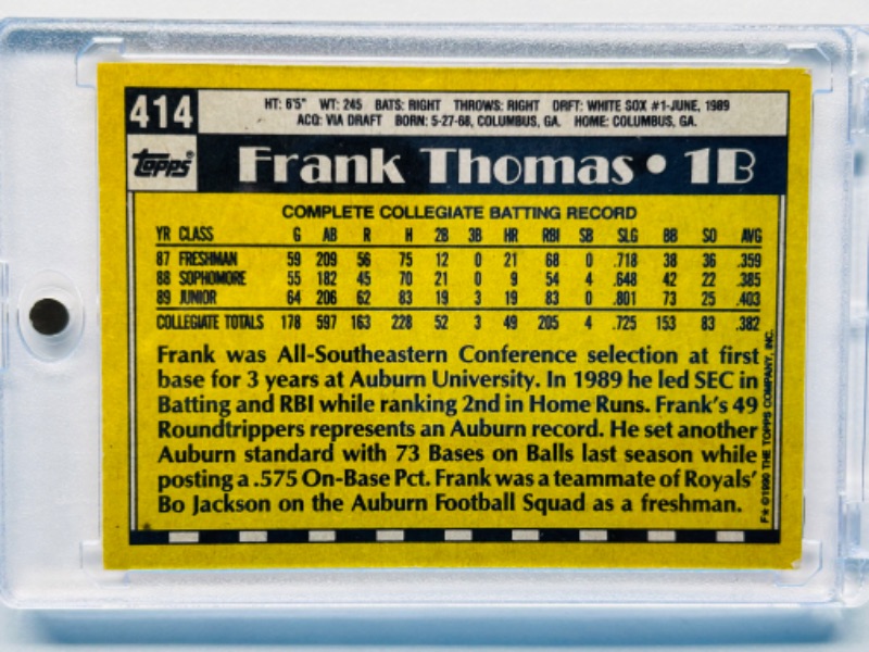 Photo 2 of 699064…topps Frank Thomas Rookie card 414 in hard plastic case 