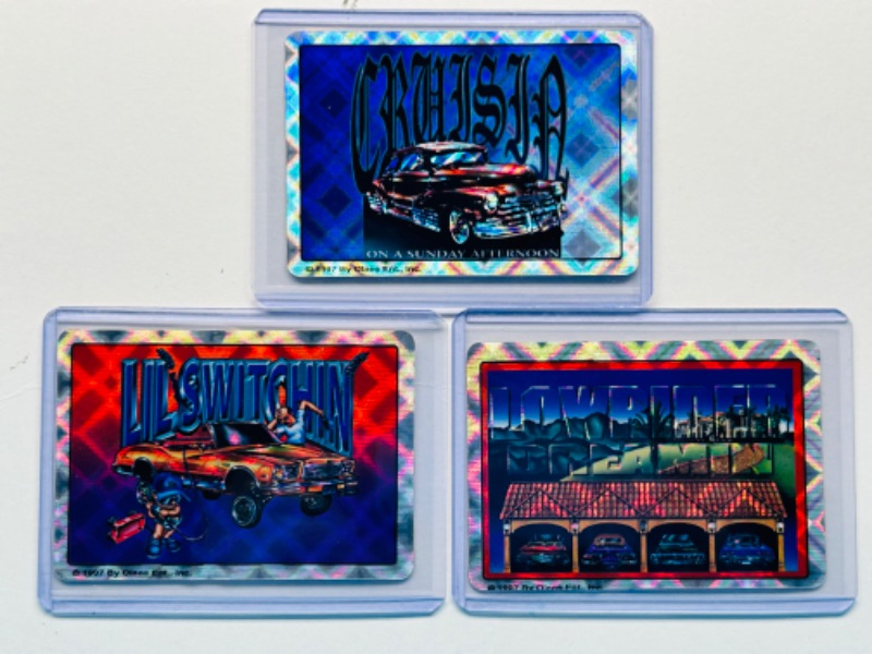 Photo 1 of 699068…3 vintage 1997 holographic low rider vending stickers in hard plastic sleeves 