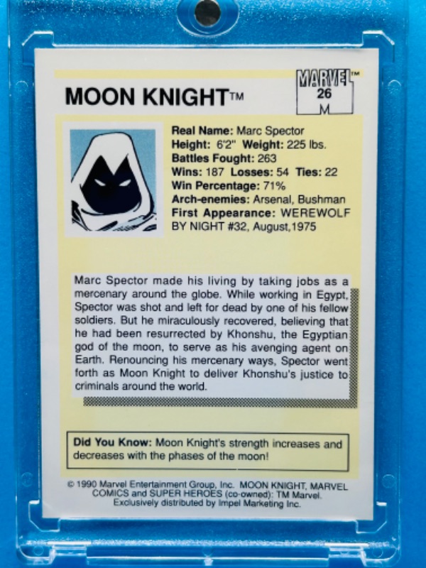 Photo 2 of 699085…marvel comics super heroes moon knight card 26  in hard plastic case 