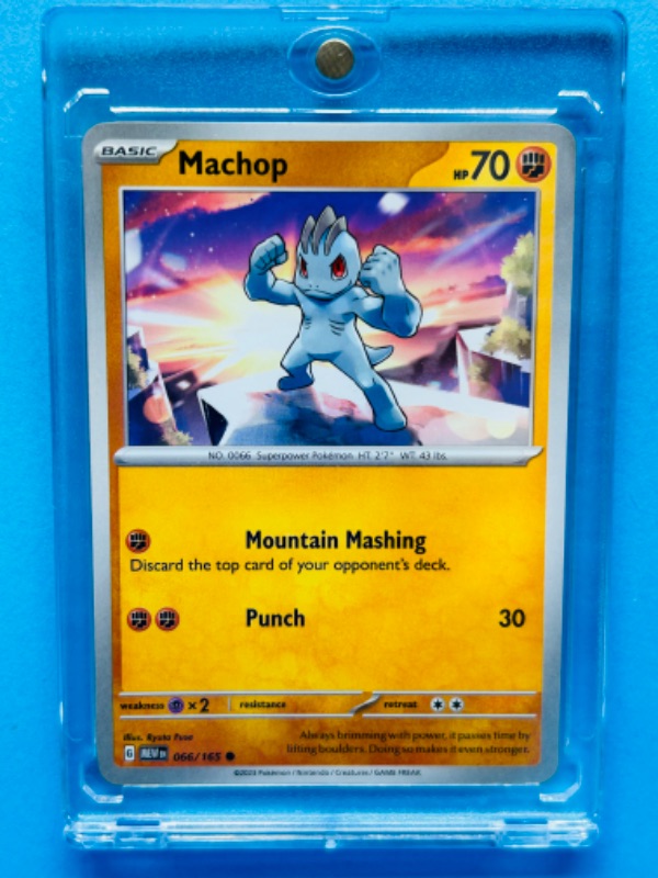 Photo 1 of 699110…Pokémon Machop card 066/165 in hard plastic case 