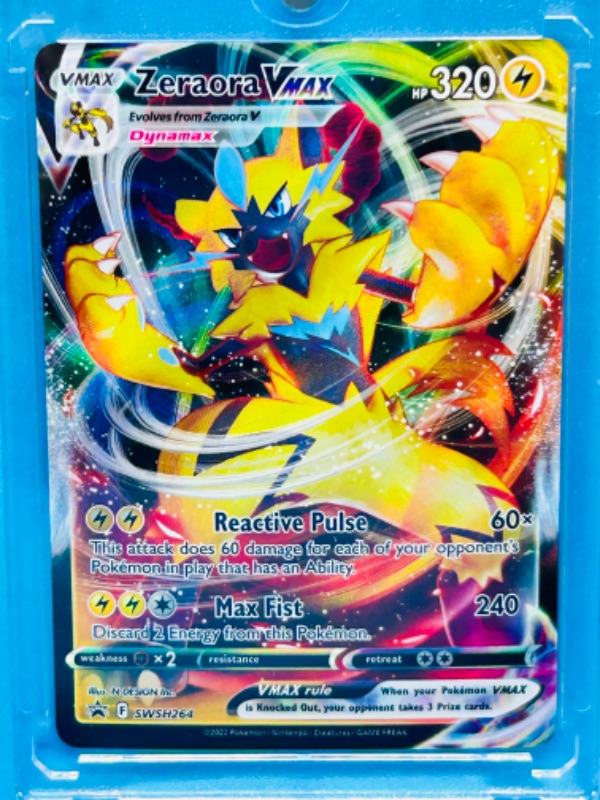 Photo 3 of 699124…Pokémon holo vmax zeraora card swsh264 in hard plastic case