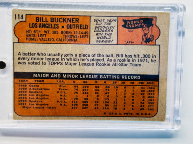 Photo 2 of 699163…vintage Bill Buckner rookie card 114 in hard plastic case 