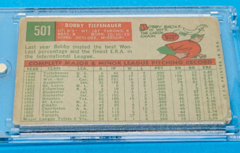 Photo 2 of 699169…shows wear- vintage 1959 Bobby Tiefenauer card 501 in hard plastic case 