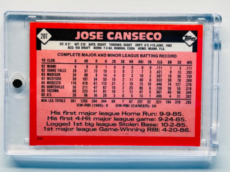 Photo 2 of 699171…Jose Canseco Rookie card 20T in hard plastic case 