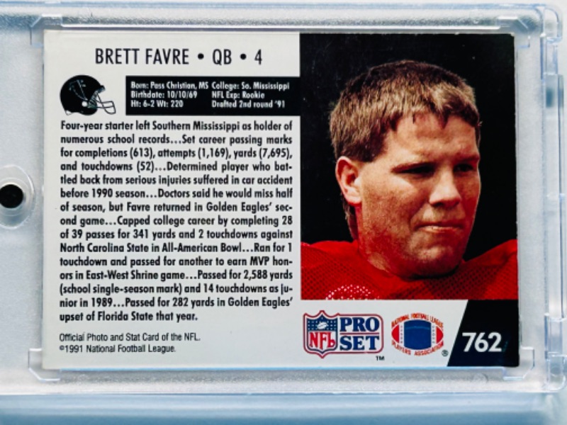 Photo 2 of 699175…Brett Favre Rookie card 762 in hard plastic case 