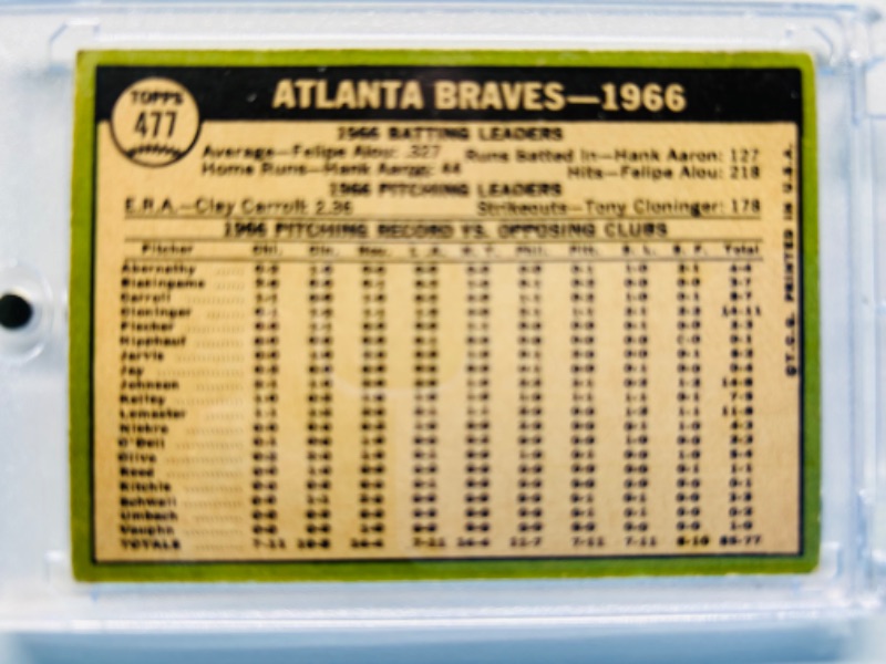 Photo 2 of 699180…vintage 1966 Atlanta Braves team card 477 in hard plastic case 