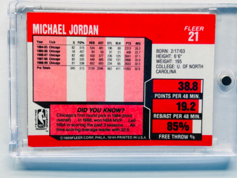 Photo 2 of 699181…Fleer Michael Jordan card 21  in hard plastic case 