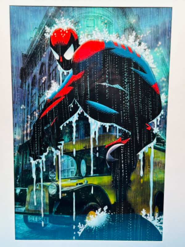 Photo 2 of 699208…Large 18 x 24” acetate lithograph Spider-Man in the rain by John Romita - printed on acetate plastic for 3-D effect 