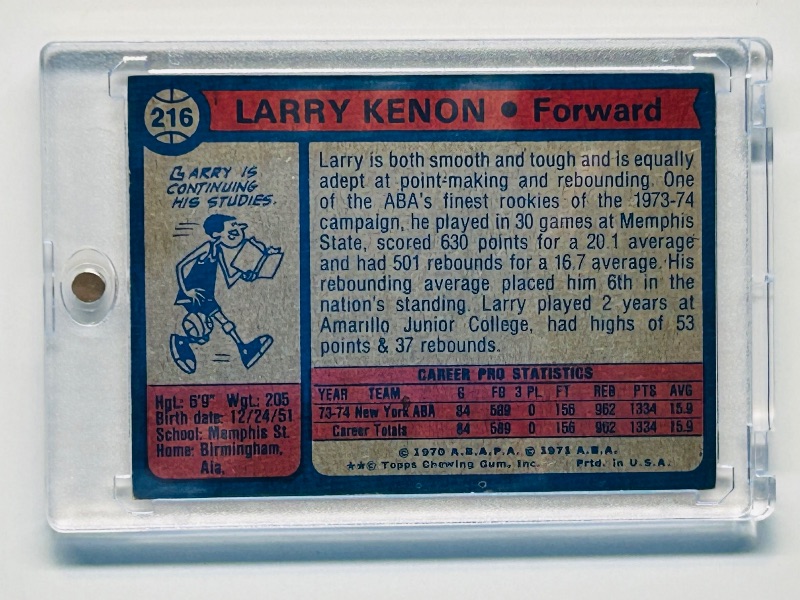 Photo 2 of 699453…1971 Rookie Larry Kenon card 216  in hard plastic case