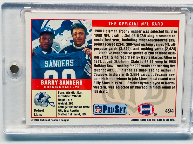 Photo 2 of 699476…Rookie Barry  Sanders card 494  in hard plastic case