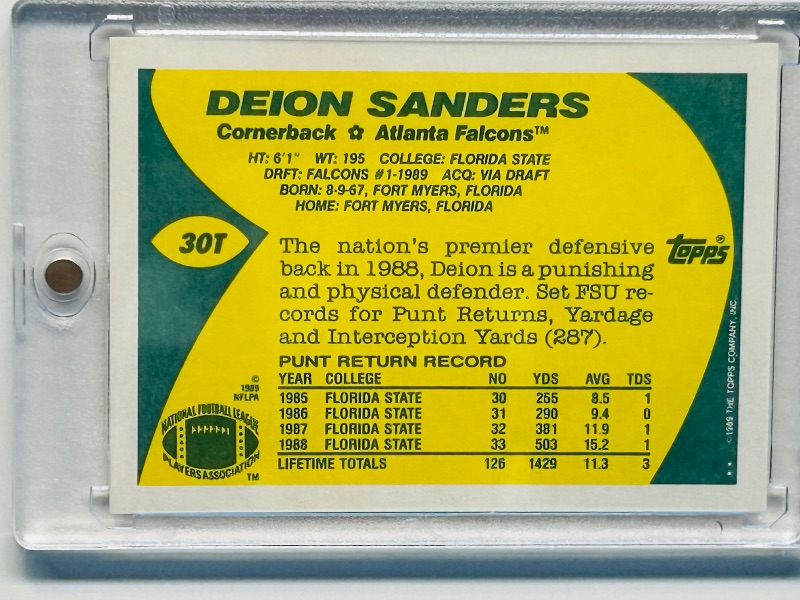 Photo 2 of 699478…Rookie Deion Sanders card 301  in hard plastic case