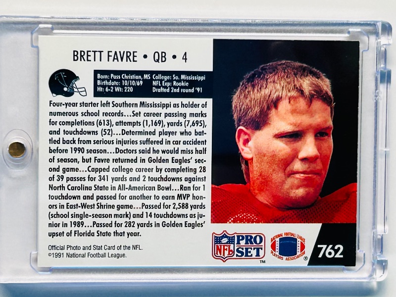 Photo 2 of 699495…Rookie Brett Favre card 762 in hard plastic case 