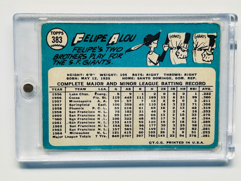 Photo 2 of 699497…vintage Felipe Alou card 383 in hard plastic case 