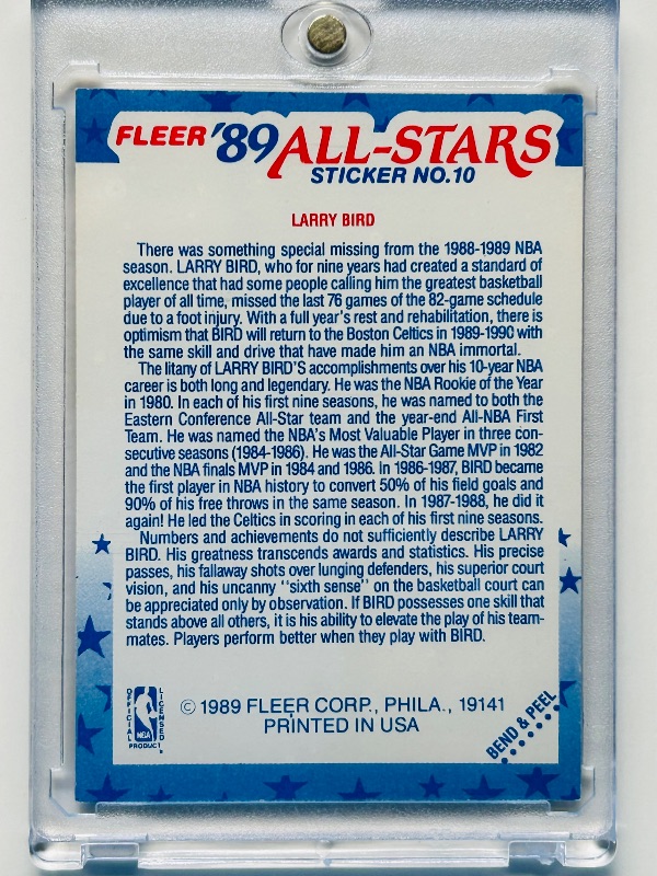 Photo 2 of 699500…Larry Bird sticker card 10 in hard plastic case 