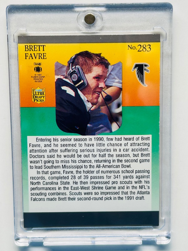 Photo 2 of 699501…Rookie Brett Favre card 283 in hard plastic case 