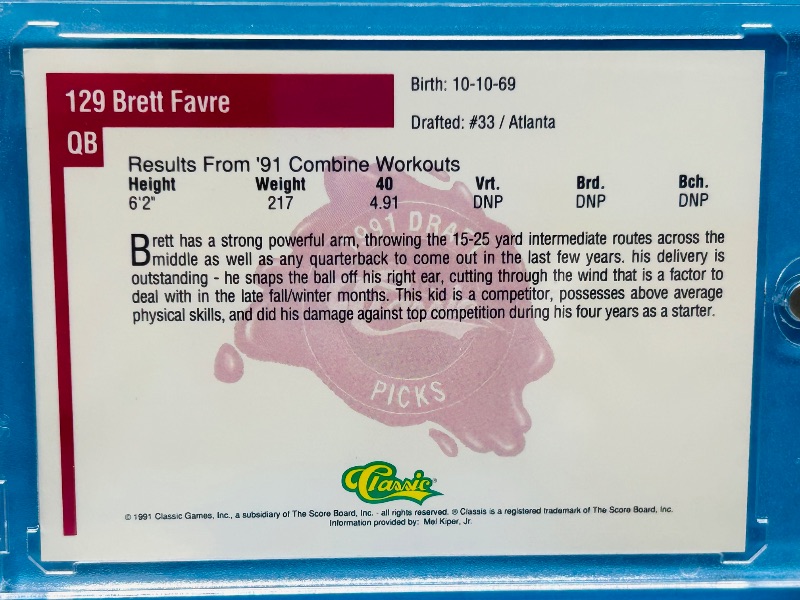 Photo 2 of 699502…Rookie Brett Favre card 129 in hard plastic case 