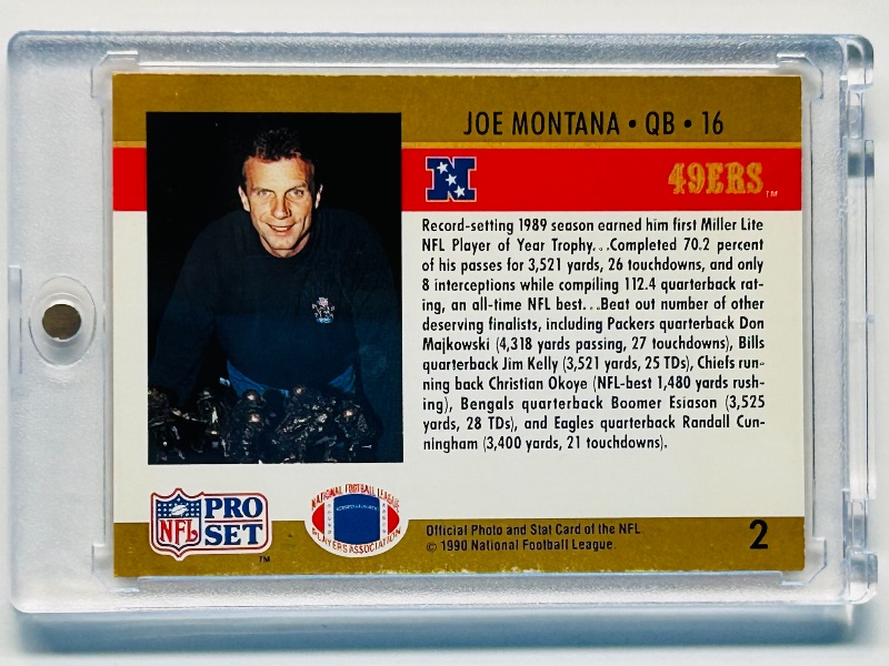 Photo 3 of 699505…Error-Jim Kelly stats- ProSet Joe  Montana card 2 in hard plastic case 