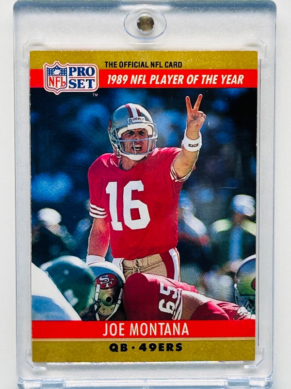 Photo 1 of 699505…Error-Jim Kelly stats- ProSet Joe  Montana card 2 in hard plastic case 