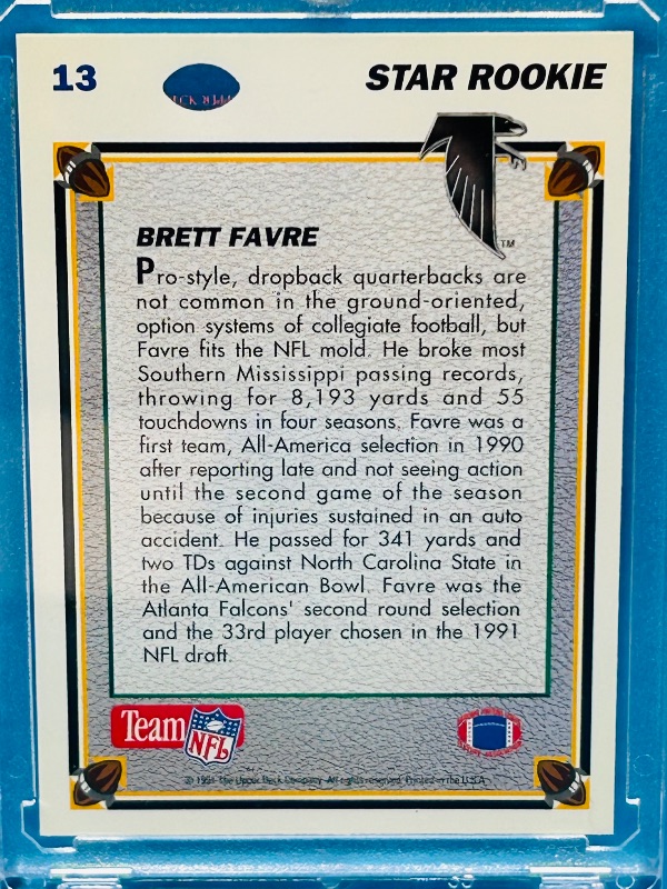 Photo 2 of 699507…Rookie Brett Favre card 13 in hard plastic case