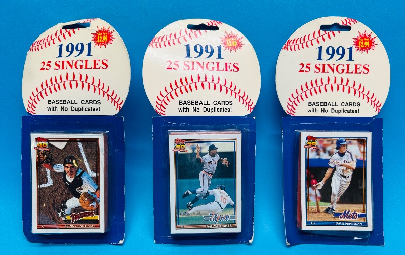 Photo 1 of 699515…final sale no returns/refunds-worn packages-3 sealed 1991 baseball cards packs 