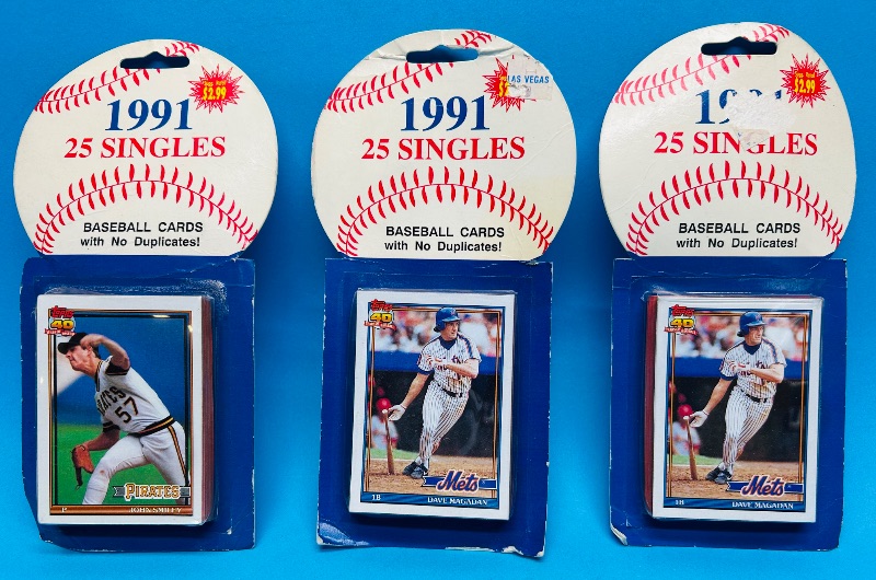 Photo 1 of 699516… final sale no returns/refunds-worn packages-3 sealed 1991 baseball cards packs 