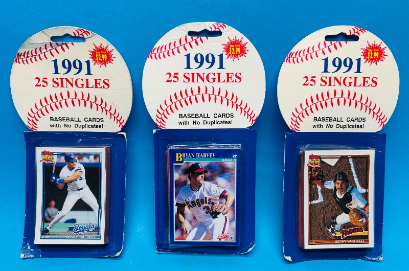 Photo 1 of 699518… final sale no returns/refunds-worn packages-3 sealed 1991 baseball cards packs 