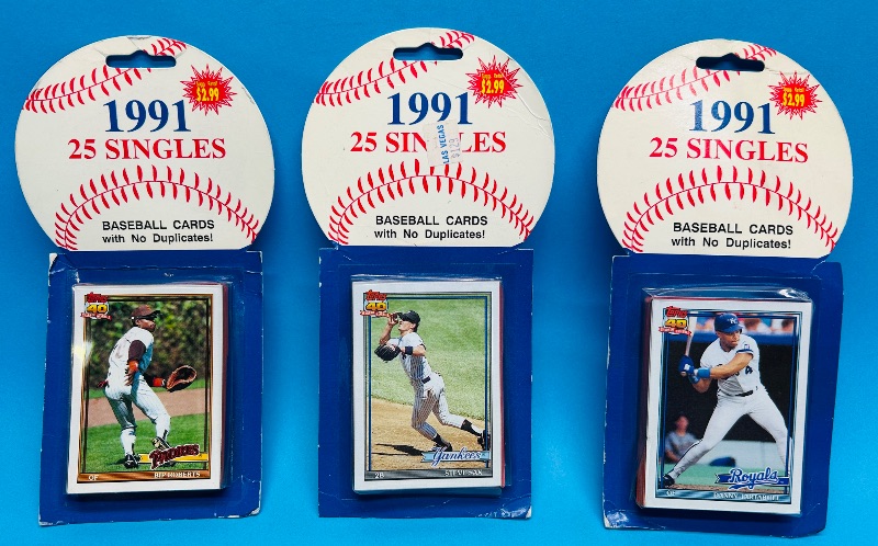 Photo 1 of 699521… final sale no returns/refunds-worn packages-3 sealed 1991 baseball cards packs 