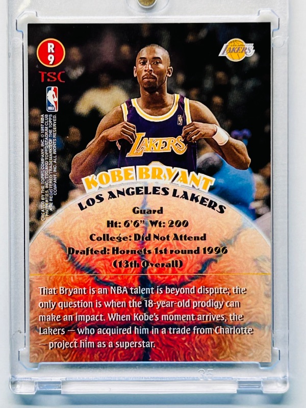 Photo 2 of 699533…Rookie Kobe Bryant card R9 topps stadium club in hard plastic case 