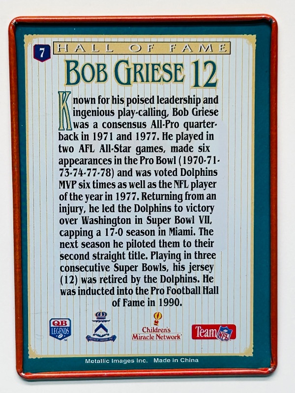 Photo 2 of 699538…Metal Bob Griese card  7 in plastic sleeve 