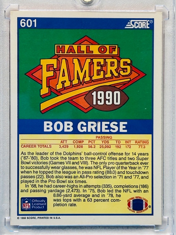 Photo 2 of 699545…Hall of Fame Bob Griese card in hard plastic case