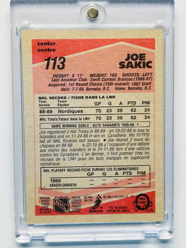 Photo 2 of 699553…Rookie Joe Sakic card 113  in hard plastic case