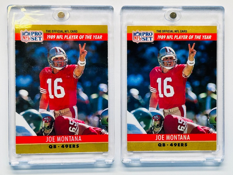 Photo 1 of 699558…Joe Montana correct and Error cards  in hard plastic cases