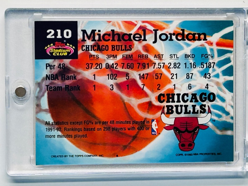 Photo 2 of 699559…Topps stadium club Michael Jordan card 210  in hard plastic case