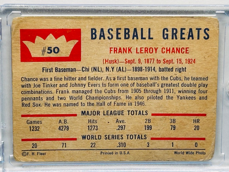 Photo 4 of 699587…vintage 1960 Frank Chance card 50 in hard plastic case-wear from age