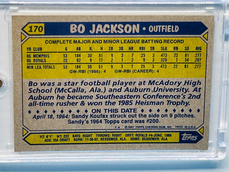 Photo 2 of 699602…Rookie Bo  Jackson card 170  in hard plastic case