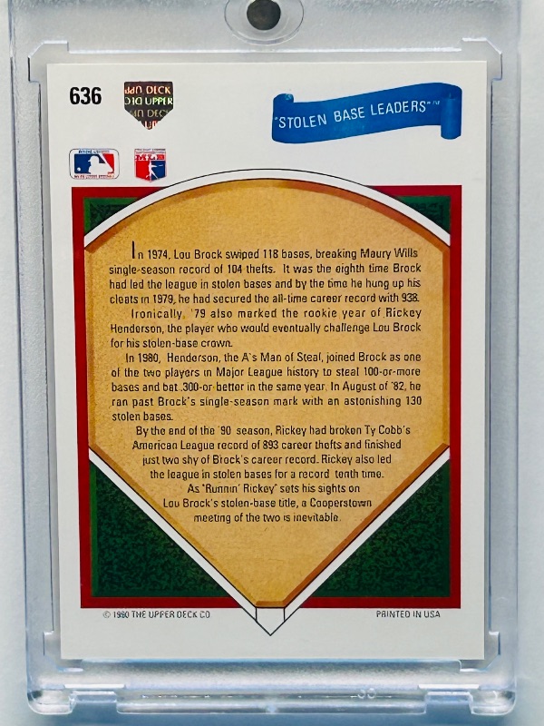 Photo 2 of 699605…Stolen base leaders card 636  in hard plastic case