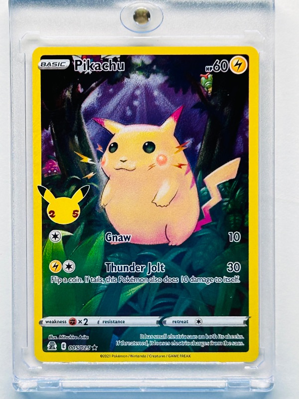 Photo 1 of 699659…Pokémon Holo 25th anniversary Pikachu card 005/025  in hard plastic case 