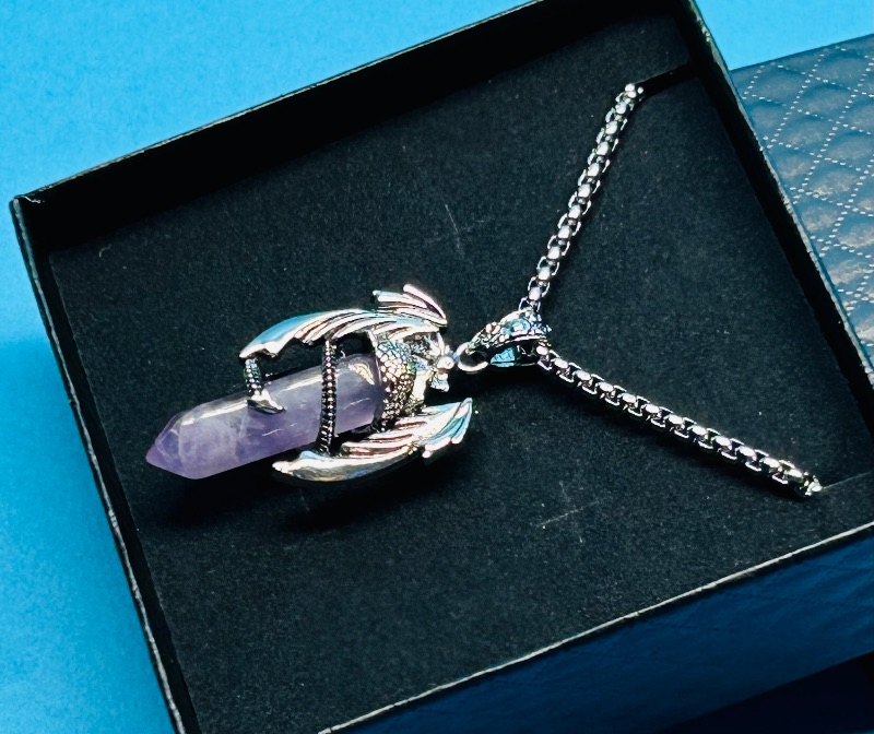 Photo 2 of 699798…  polished rock/ crystal dragon pendant on 20” chain in gift box 